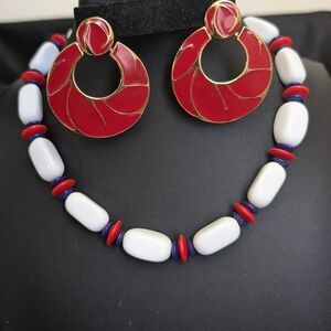 #6. Vintage Trifari Red, White & Blue Lucite Necklace & Enamel Hoops